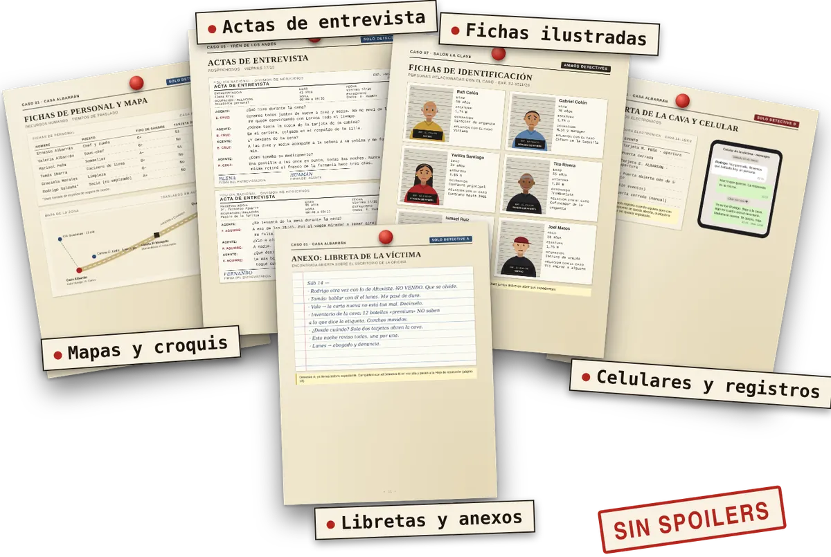 Documentos de Dos Lupas: entrevistas, sospechosos, mapas, anexos y registros, sin spoilers