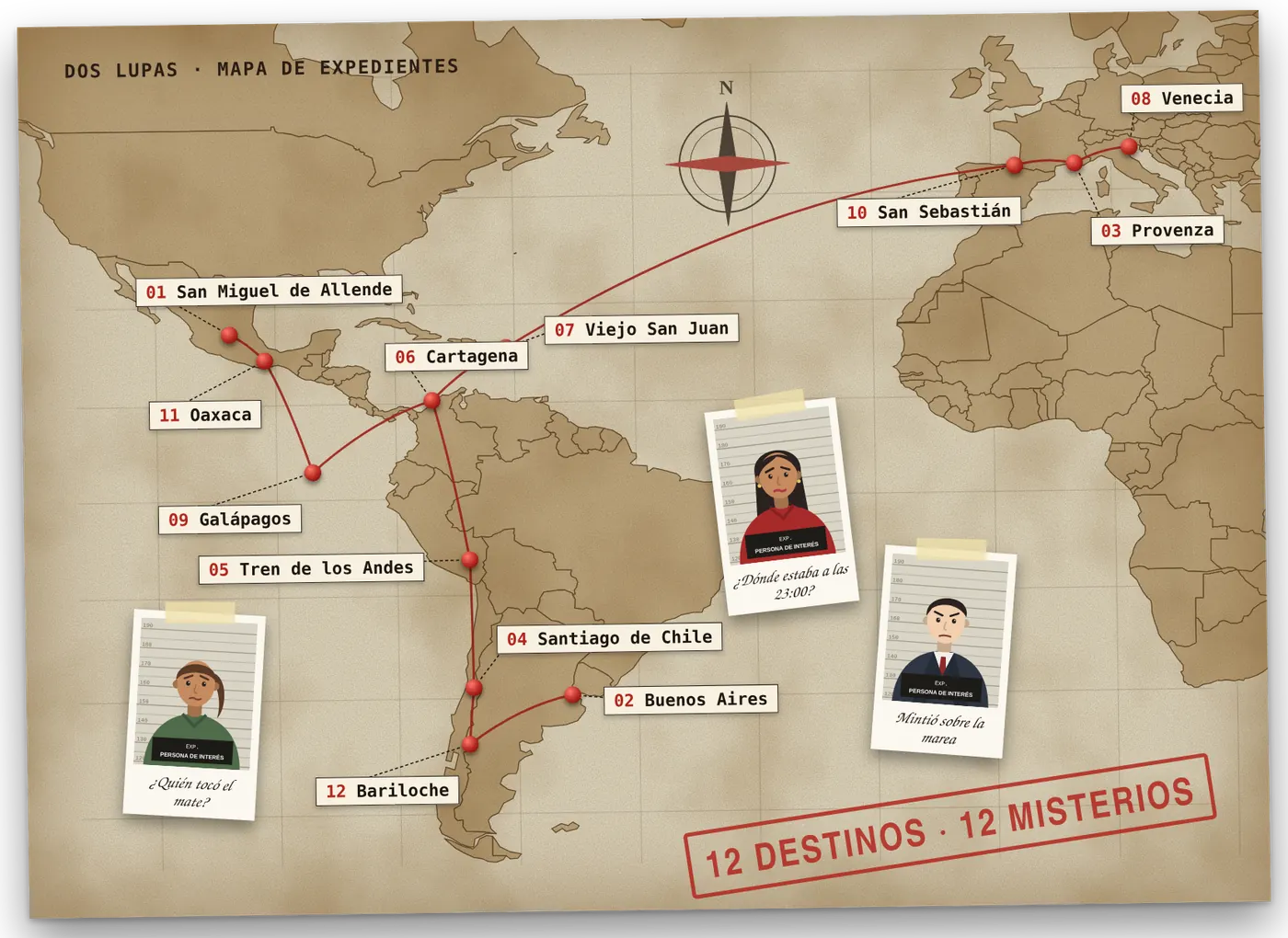 Mapa de Dos Lupas con los doce destinos de los expedientes